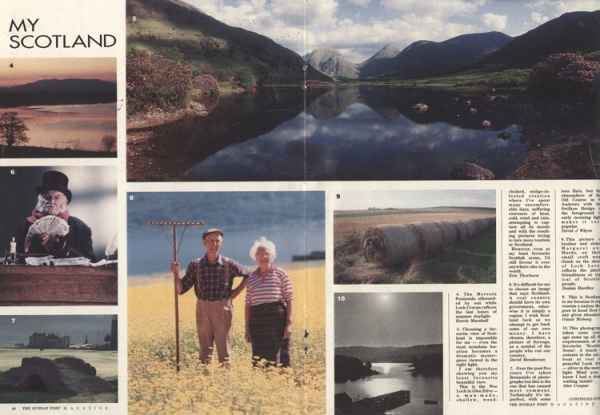 A photo page spread shwoing views of Scotland and portraits.