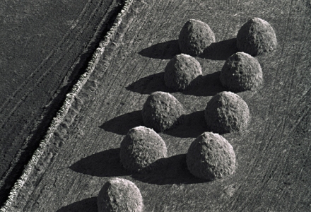 An aerial black and white photograph of oat stacks9 sit in two rows, the low sun casts a dark shadow from each stack and they look loke buttons on a military jacket.